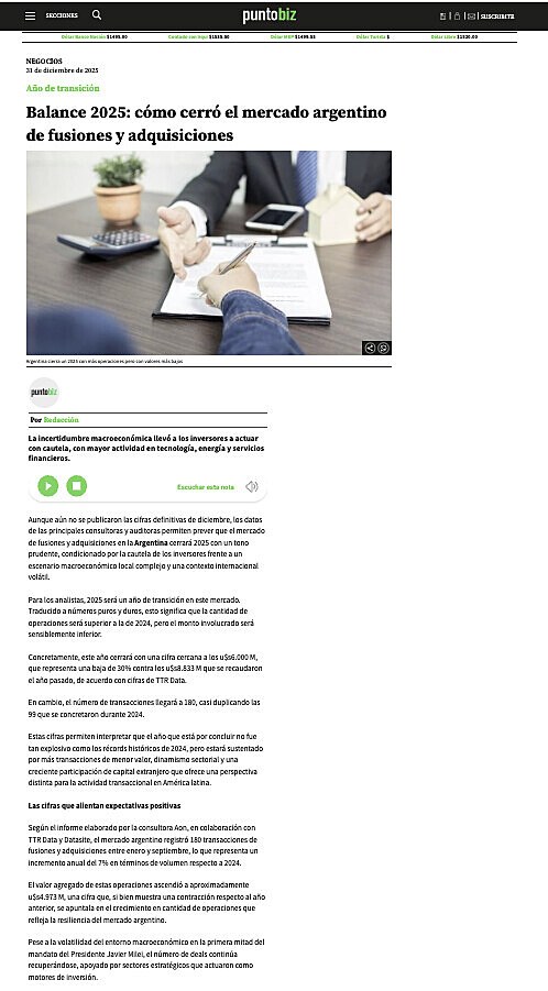 En cambio, el n�mero de transacciones llegar� a 180, casi duplicando las 99 que se concretaron durante 2024.  Estas cifras permiten interpretar que el a�o que est� por concluir no fue tan explosivo como los r�cords hist�ricos de 2024, pero estar� sustenta